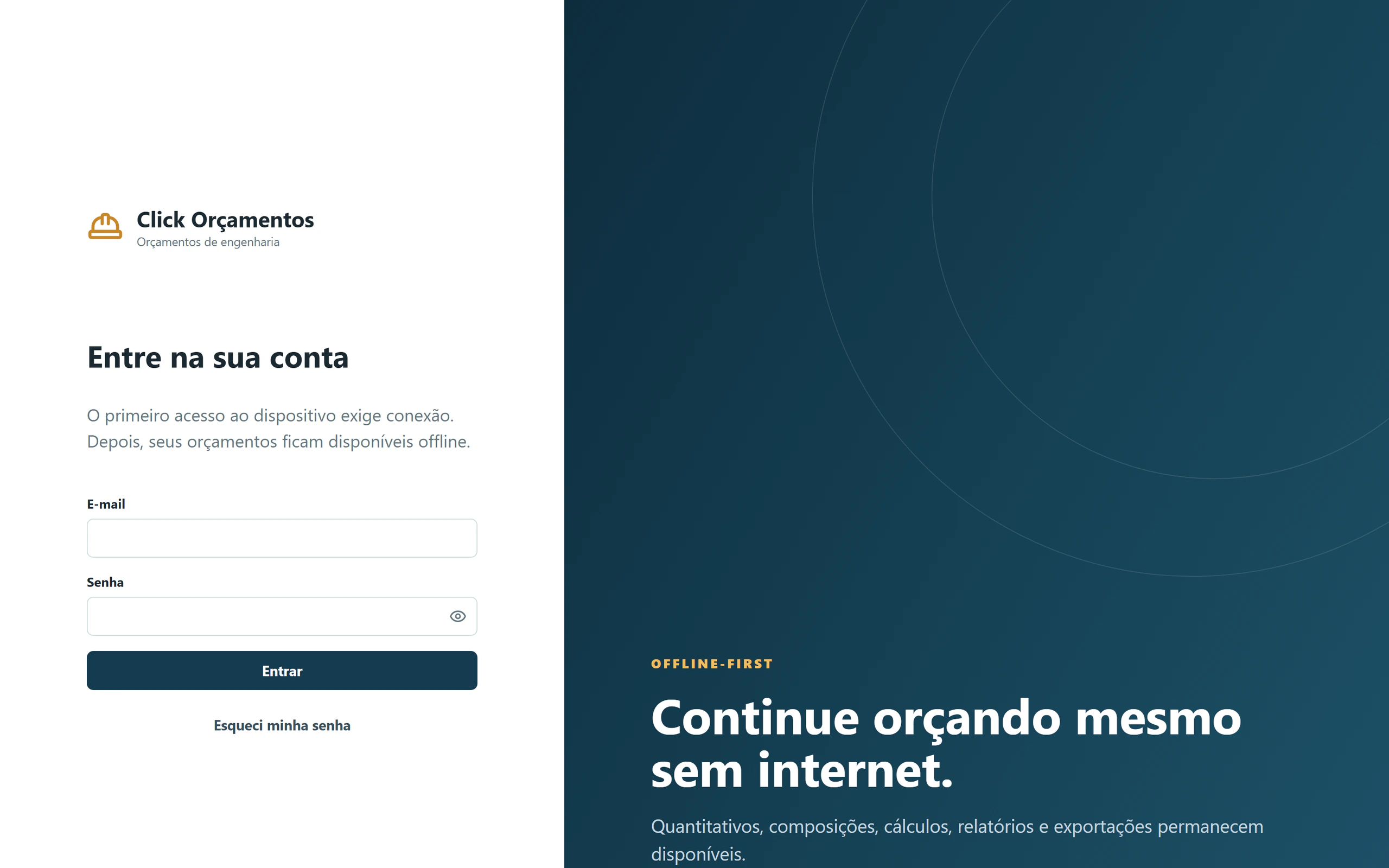 Click Orçamentos — construction budgeting for engineers sign-in screen