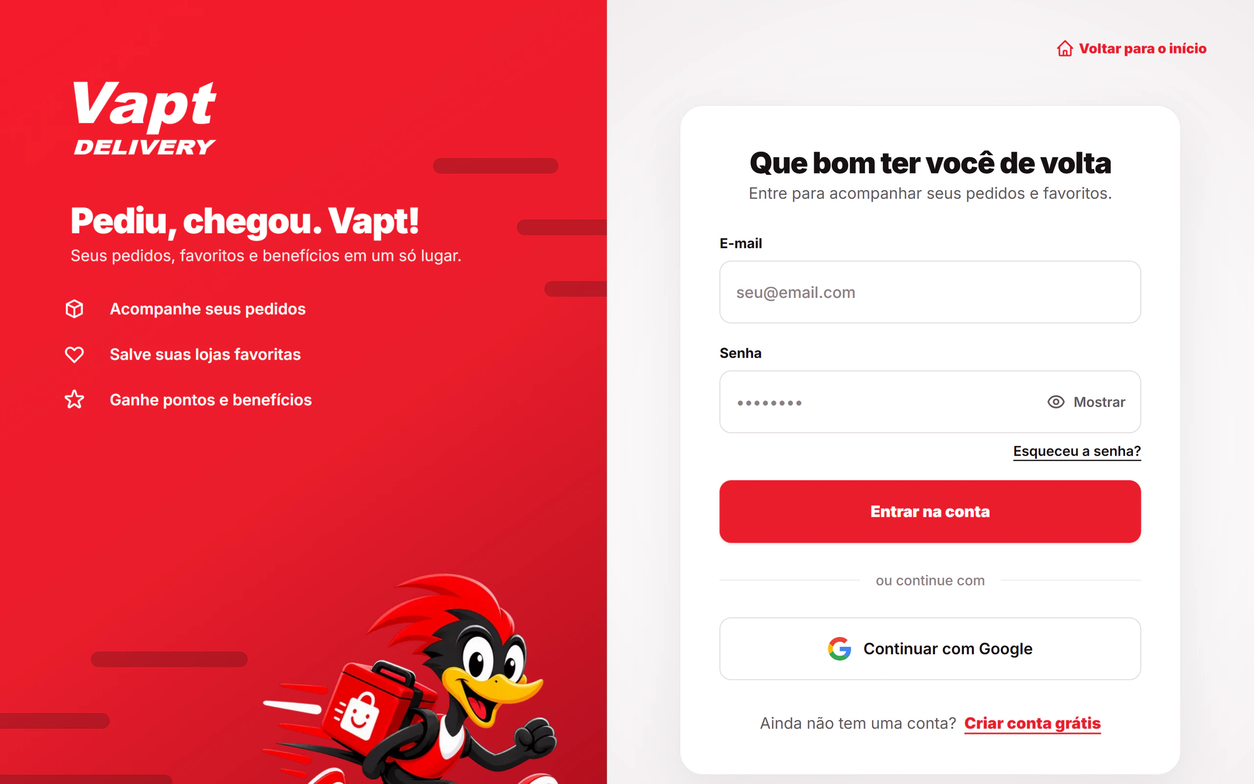 Vapt Delivery — Delivery ERP and marketplace sign-in screen