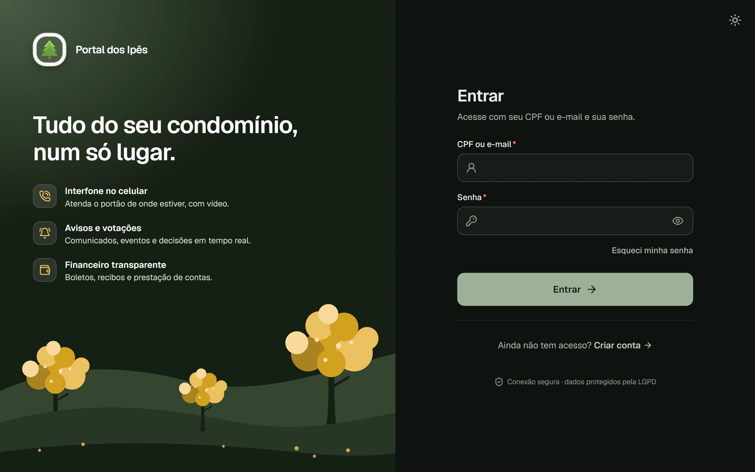 Tela de acesso do Portal dos Ipês — condomínio com interfone e portão conectados